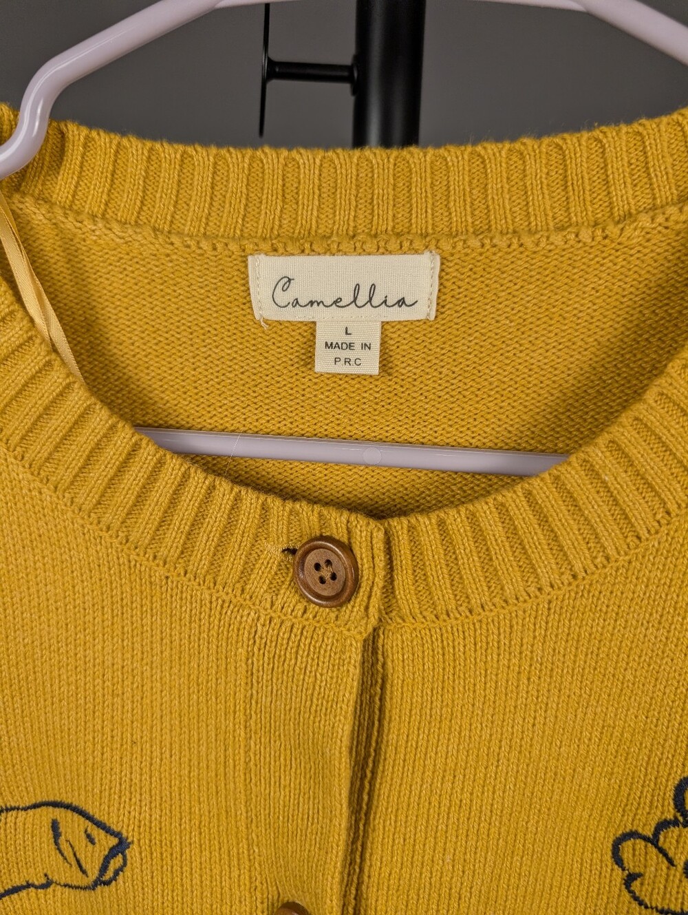 Camellia Mustard Yellow Embroidered Nature Button Front Cardigan L A-322 - Picture 6 of 12